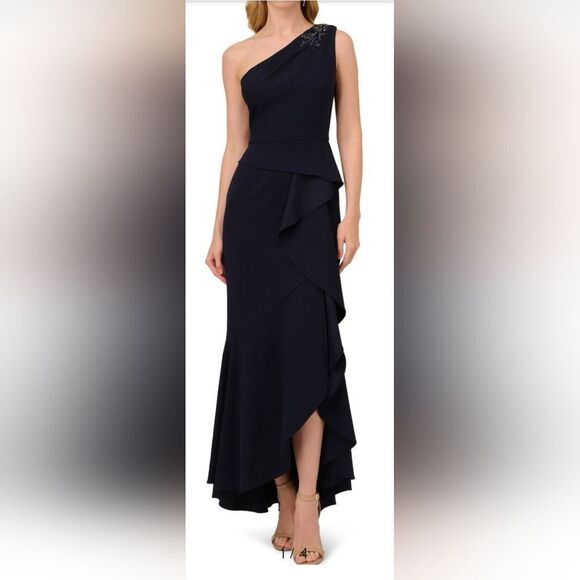 Adrianna Papell Beaded One-Shoulder Crepe Gown NWT Size 8 Blue - Picture 1 of 6